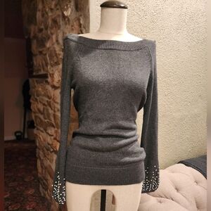 White House Black Market Charcoal Sweater with Pearl Embellishments